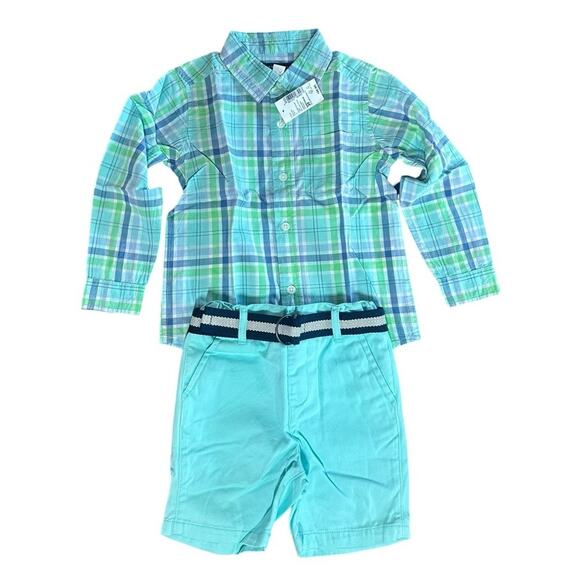 The Childrens Place Toddler Boys Shirt and Belted Chino Shorts Set Aqua 3T NEW - Picture 2 of 13